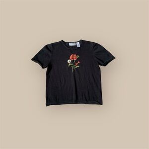 Alfred Dunner Black short sleeve Sweater top with Floral Embroidery